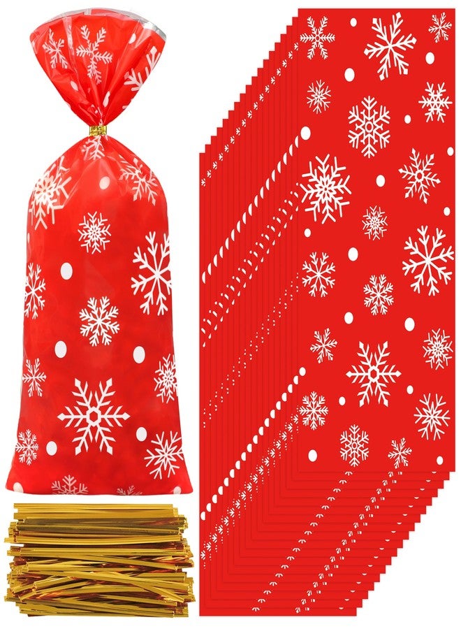 peony man 120 PCS Snowflake Treat Bags Red Christmas Cellophane Bag with Twist Ties White Snowflake Theme Candy Bags 5 x 10.6 Inch Xmas Plastic Goodie Bag for Winter Christmas Holiday Party Supplies - Image 1